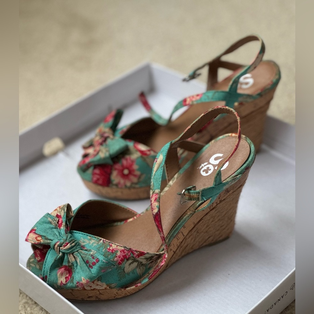 Turquoise peep toe wedge sandals